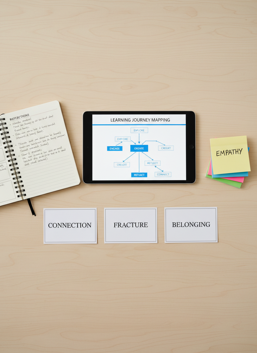 A modern classroom table holds a carefully arranged combination of physical and digital learning artifacts: a slim tablet displaying a complex flow diagram of a learning journey, a spiral-bound notebook open to handwritten reflections, printed cards with single words like “connection,” “fracture,” and “belonging,” and a small stack of color-coded sticky notes. The tabletop is a pale, matte birch surface under diffused overhead lighting, with soft shadows that define each object’s edges. Photographic realism from a top-down perspective, with sharp focus and balanced composition, creates a calm, analytical mood that suggests structured research into phygital learning experiences.