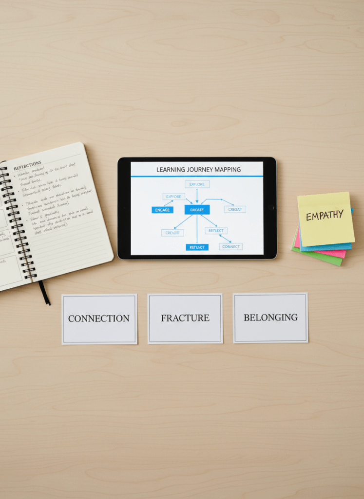 A modern classroom table holds a carefully arranged combination of physical and digital learning artifacts: a slim tablet displaying a complex flow diagram of a learning journey, a spiral-bound notebook open to handwritten reflections, printed cards with single words like “connection,” “fracture,” and “belonging,” and a small stack of color-coded sticky notes. The tabletop is a pale, matte birch surface under diffused overhead lighting, with soft shadows that define each object’s edges. Photographic realism from a top-down perspective, with sharp focus and balanced composition, creates a calm, analytical mood that suggests structured research into phygital learning experiences.