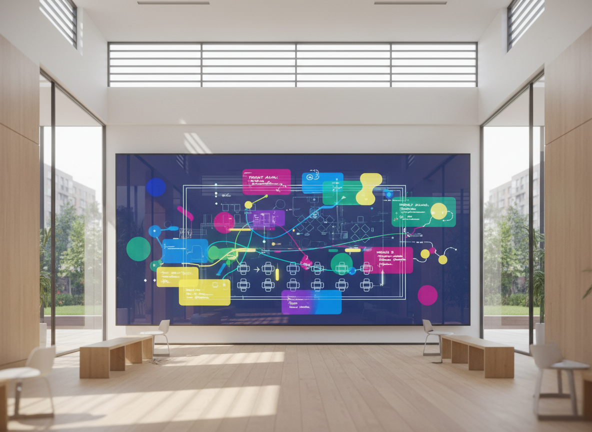 A large, sleek interactive display wall shows a seamless blend of a digital learning dashboard and a physical classroom layout, with colorful abstract shapes representing data points, sticky notes, and connection lines. The wall is mounted in a minimalist, glass-walled educational space with clean white surfaces and light wood accents. Soft daylight flows through high windows, creating gentle reflections on the screen’s glossy surface and faint shadows on the floor. Photographic realism at an eye-level angle, with a shallow depth of field that keeps the display crisp while the room softly blurs. The atmosphere feels professional, contemplative, and slightly futuristic, emphasizing how physical and digital experiences intersect in education.