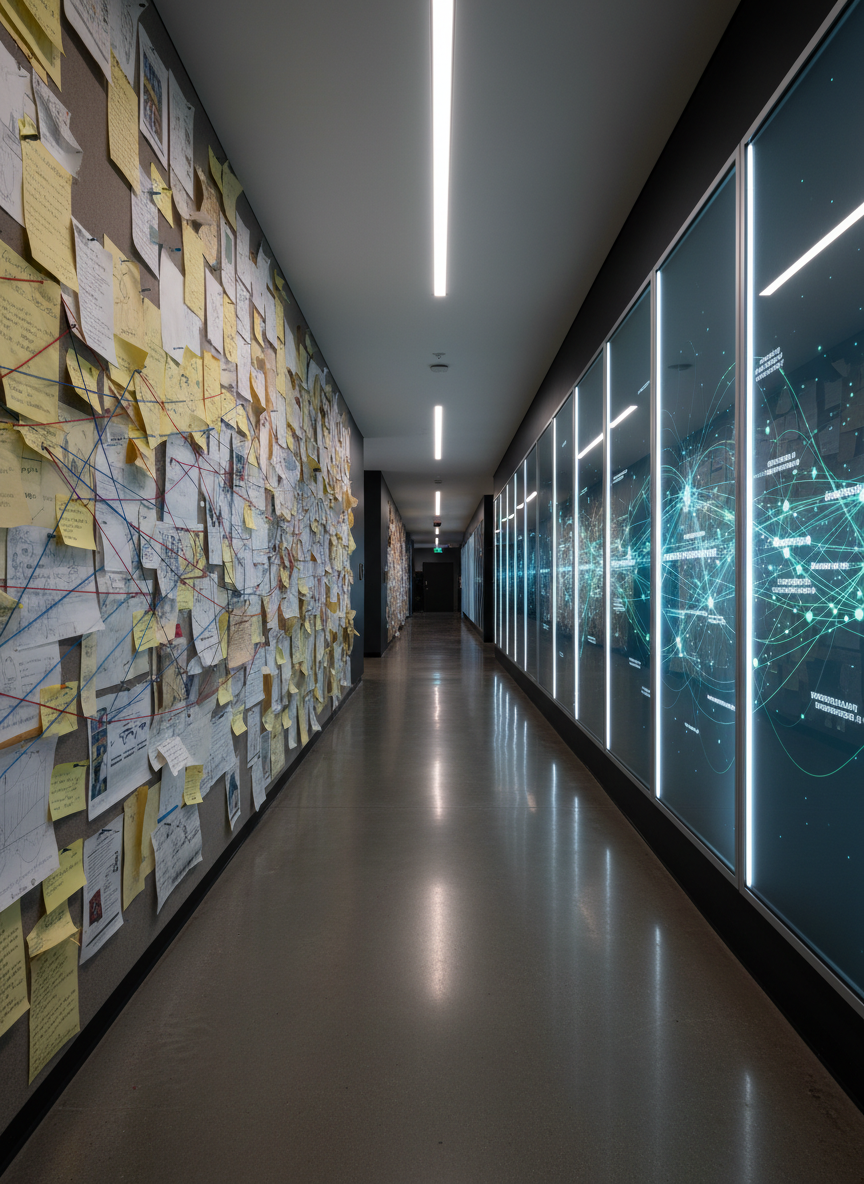 A long corridor in an educational building is divided visually into two halves: on one side, analog bulletin boards covered with layered paper notices, pinned index cards, and string connecting key concepts; on the opposite side, sleek digital panels show the same concepts as an interactive network map with glowing nodes and connecting lines. Cool, even LED lighting along the ceiling casts clean, linear reflections on the digital panels and softer shadows on the paper surfaces. Captured in photographic realism with a centered, vanishing-point composition, the mood is reflective and investigative, highlighting the movement from fractured information to connected understanding in a phygital environment.
