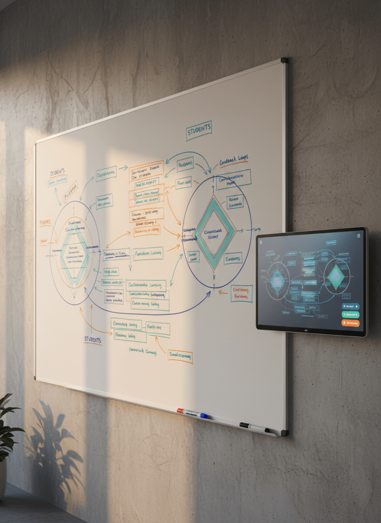 A large, rectangular whiteboard mounted on a concrete wall is filled with a meticulously drawn DPCX-inspired framework: intersecting circles, layered rectangles, and arrows represent relationships between “students,” “educators,” and “peers,” though no people are shown. Beside it, a thin-bezel monitor mirrors the same framework in a polished, digital visualization with subtle gradients and interactive-looking buttons. Warm afternoon light enters from an unseen window, grazing the whiteboard surface and casting gentle shadows from dry-erase markers on a narrow ledge. Photographic realism at a three-quarter angle, with moderate depth of field, creates an academic yet approachable mood that underscores theory translating into phygital practice.